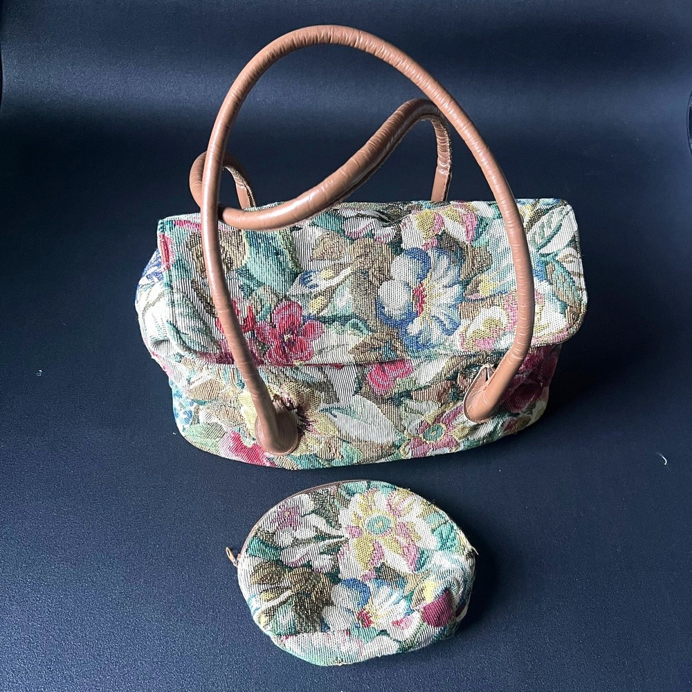 Vtg Sander Floral Tapestry Shoulder Bag Coin Purse Handbag Retro Cottage Granny